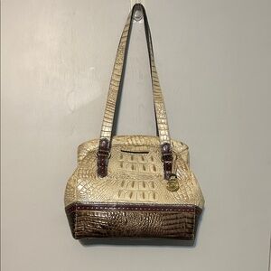 Brahmin Cream and Brown Croc-Embossed Shoulder Bag with Gold Charm